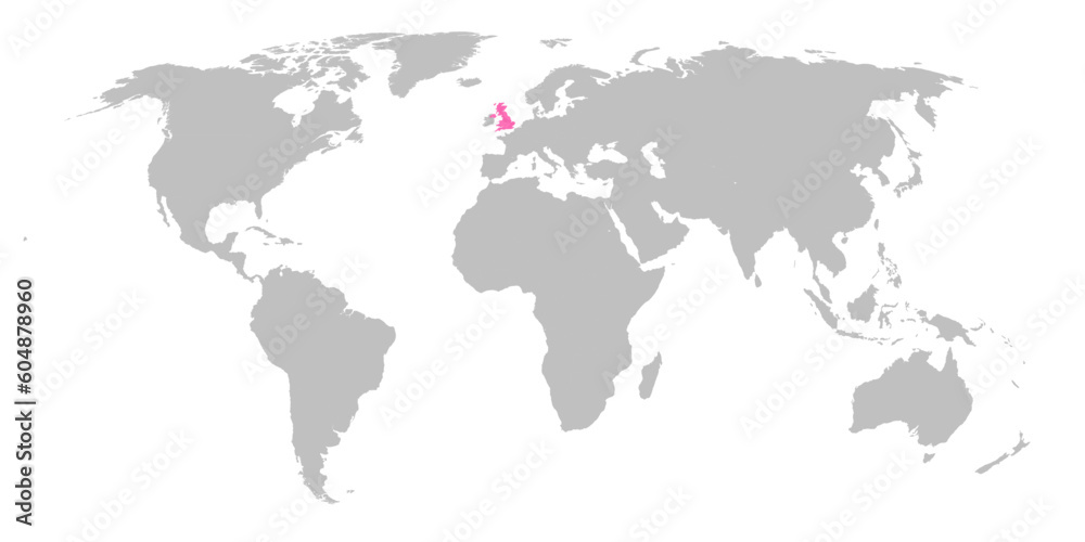 Vector map of the world with the country of United Kingdom highlighted in Pink on grey white background.