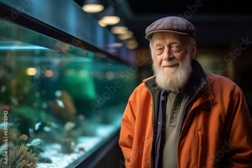 Environmental portrait photography of a happy old man wearing a lightweight windbreaker against a vibrant aquarium background. With generative AI technology