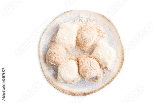traditional arabic sweets pishmanie isolated on white, top view.