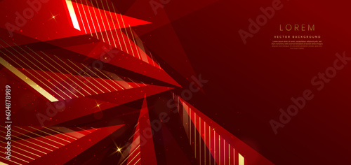 Luxury red triangle elegant on red background with golden lines and light effect and bokeh with copy space for text. Template award design.