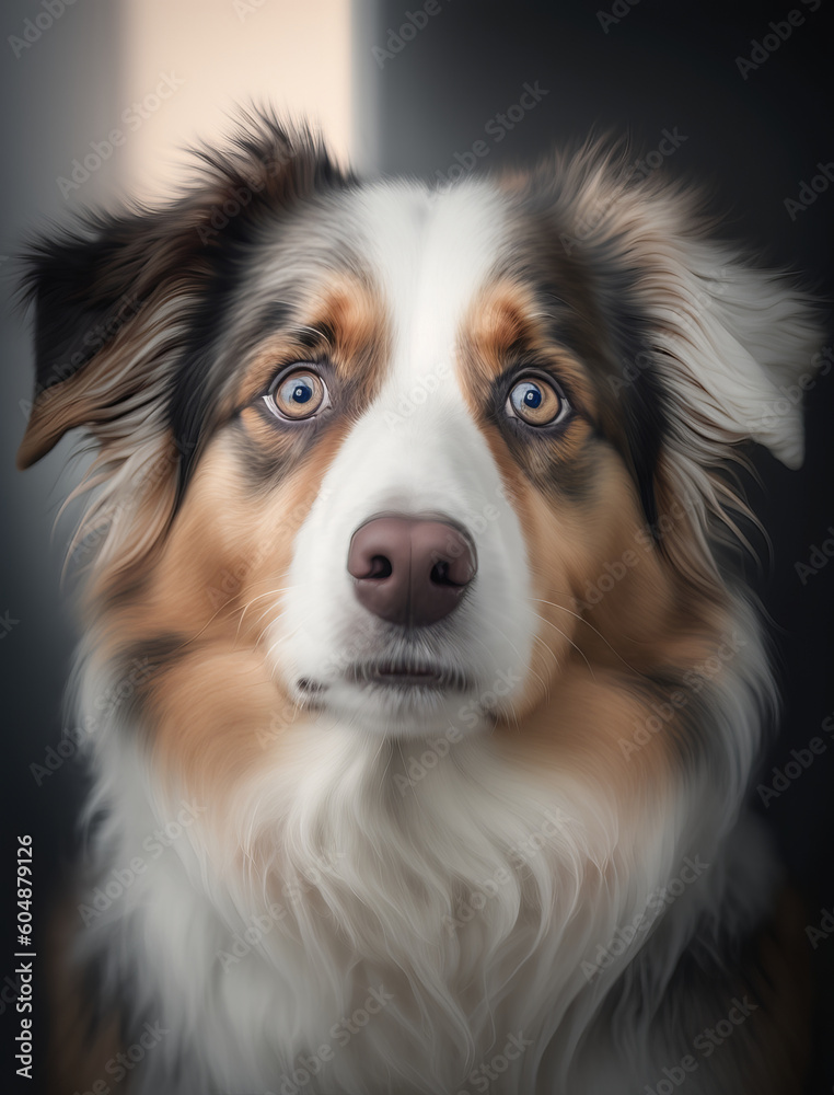 close up portrait of a Frightened Australian Shepherd in the veterinarian office. Waiting for vaccination. AI generative