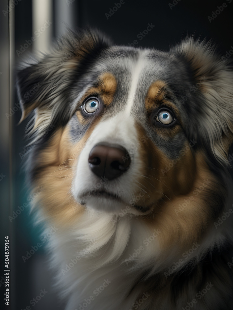 close up portrait of a Frightened Australian Shepherd in the veterinarian office. Waiting for vaccination. AI generative