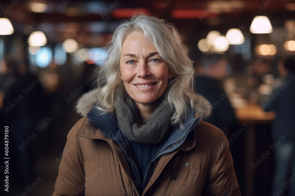 Medium shot portrait photography of a happy mature woman wearing a cozy winter coat against a lively sports bar background. With generative AI technology
