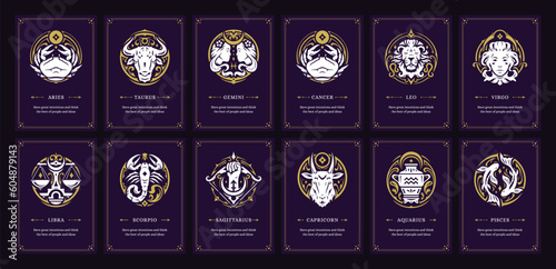 Astrology zodiac symbol esoteric horoscope vintage poster ornament design template set vector