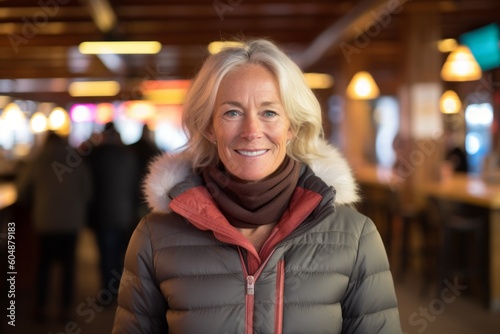 Medium shot portrait photography of a happy mature woman wearing a cozy winter coat against a lively sports bar background. With generative AI technology