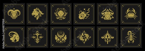 Zodiac symbols vintage golden card with antique ornate frame decorative design set vector