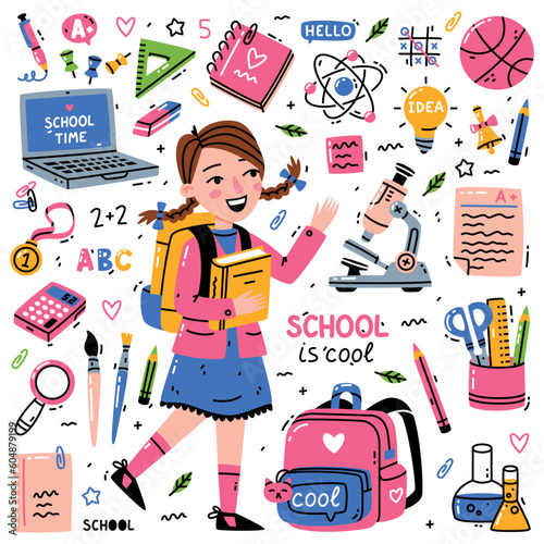 Girl School Pupil with Backpack and Different Supplies Vector Set