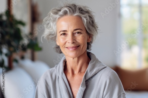 Medium shot portrait photography of a grinning mature woman wearing a comfortable tracksuit against a cozy bed and breakfast background. With generative AI technology © Markus Schröder