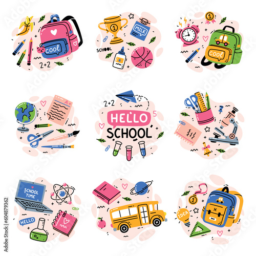 School Supply Composition with Backpack  Bus  Globe  Laptop and Cup Award Vector Set
