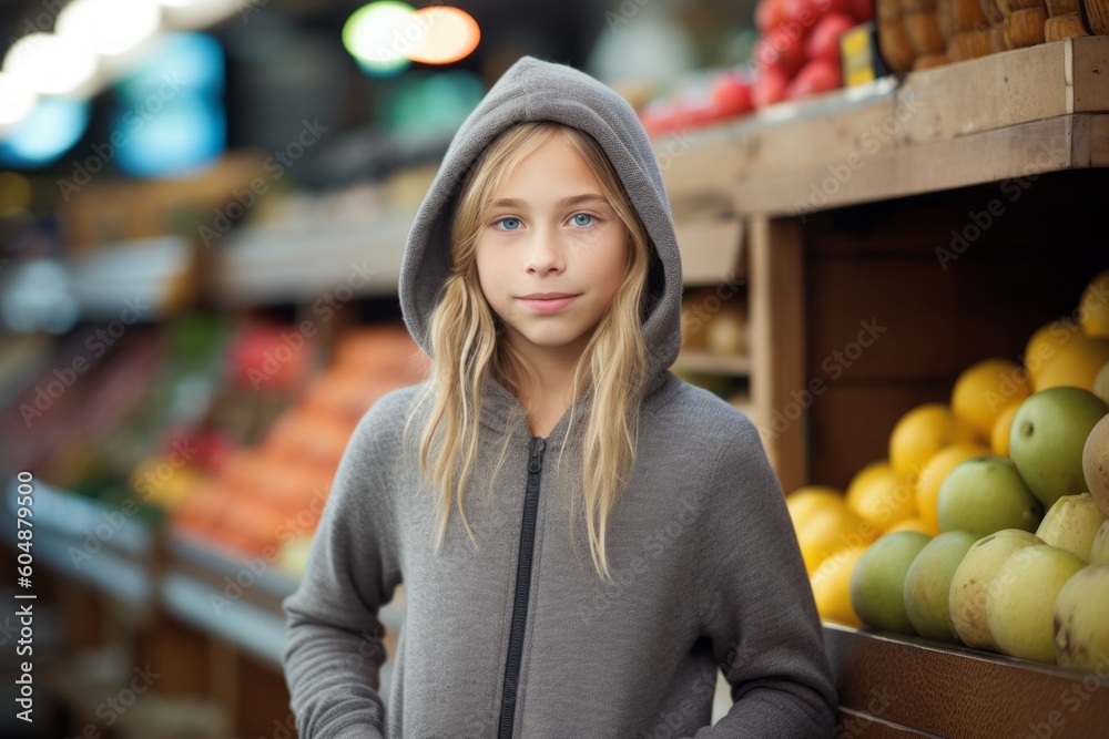 Conceptual portrait photography of a glad kid female wearing a cozy zip-up hoodie against a bustling farmer's market background. With generative AI technology