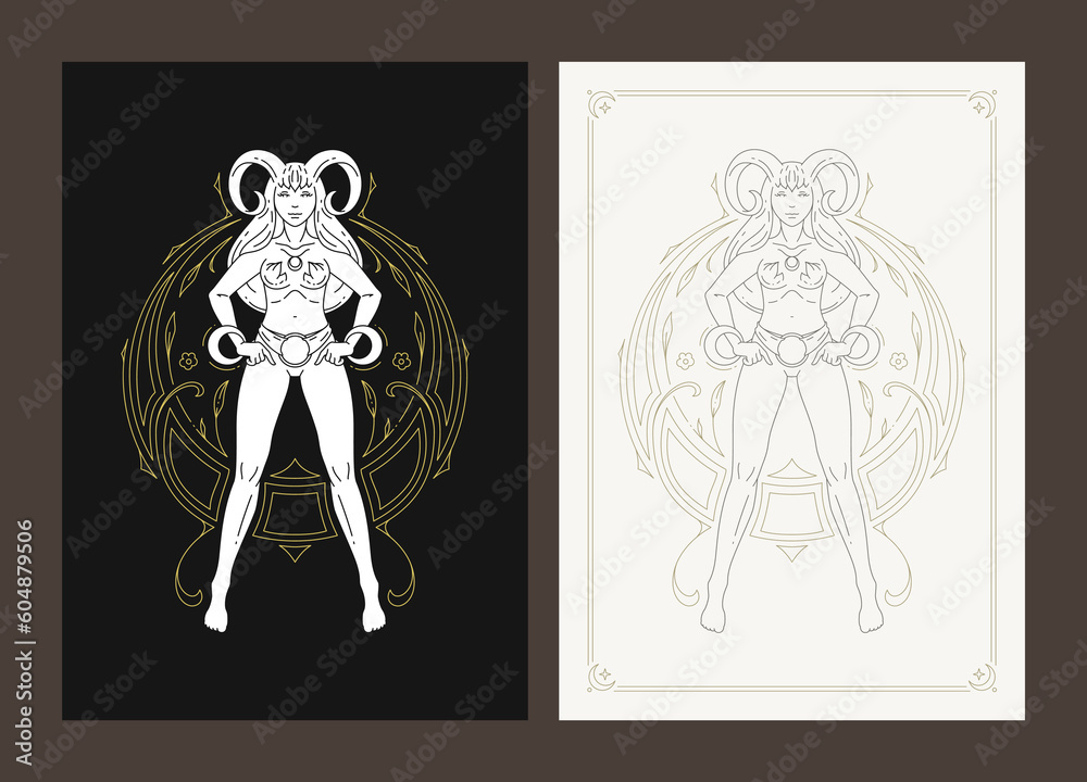Fototapeta premium Aries zodiac mythology woman goddess celestial lunar calendar line art deco poster design set vector