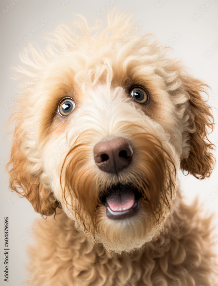 close up portrait of a Frightened goldendoodle in the studio. Waiting for vaccination. AI generative