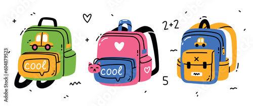 Colored Cool School Backpack with Shoulder Strap and Pocket Vector Set