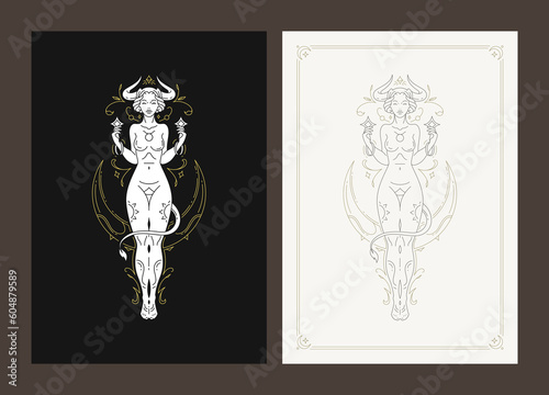 Taurus horoscope zodiac woman antique goddess line art deco poster design set vector illustration