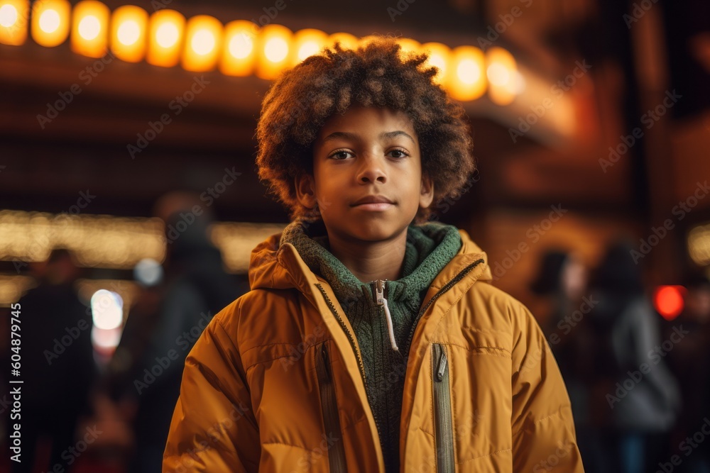 Lifestyle portrait photography of a satisfied kid male wearing a lightweight windbreaker against a lively concert venue background. With generative AI technology