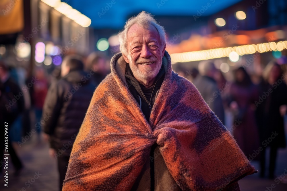 Medium shot portrait photography of a glad mature man wearing a unique poncho against a lively concert venue background. With generative AI technology