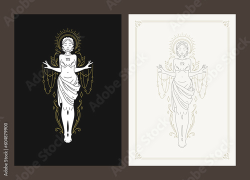Virgo zodiac antique woman goddess celestial prediction line art deco poster design set vector