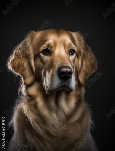 close up portrait of a cute golden retriever in the studio. AI generative