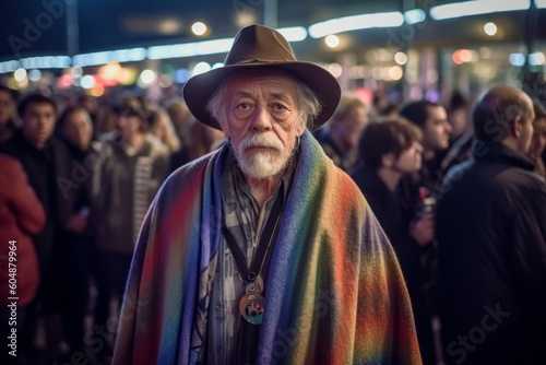 Medium shot portrait photography of a glad mature man wearing a unique poncho against a lively concert venue background. With generative AI technology