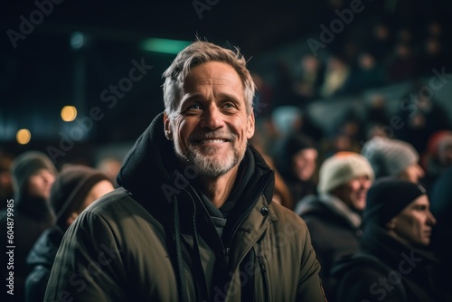 Medium shot portrait photography of a satisfied mature man wearing a comfortable hoodie against a lively concert venue background. With generative AI technology