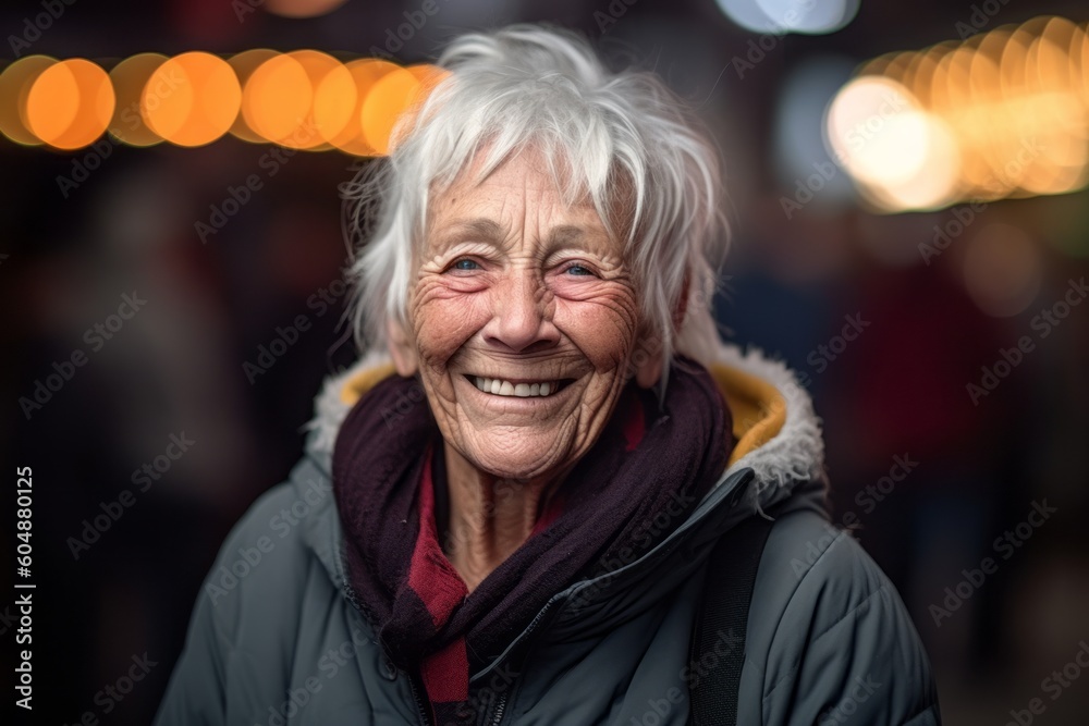 Medium shot portrait photography of a satisfied old woman wearing a cozy zip-up hoodie against a lively concert venue background. With generative AI technology Medium shot portrait photography of a satisfied old woman wearing a cozy zip-up hoodie against a lively concert venue background. With generative AI technology