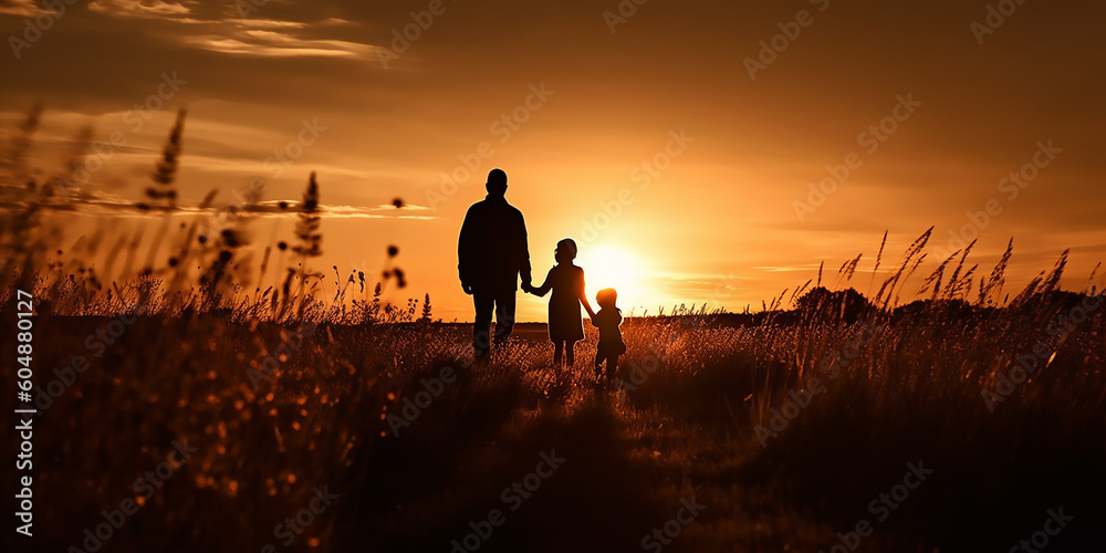 Sunset Whispers: Uniting Hearts in a Family's Meadow Walk
