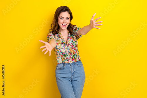 Photo of funky sweet lady wear retro flower print blouse open arms ready hug you isolated yellow color background
