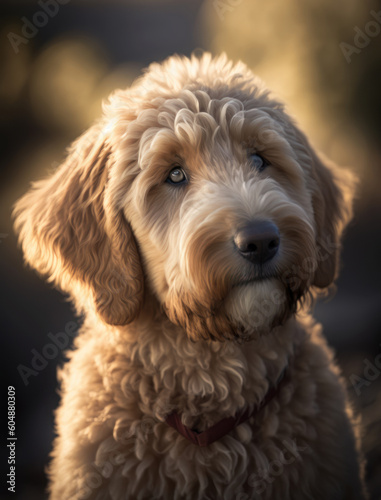 close up portrait of a cute goldendoodle outdoor on the nature. AI generative