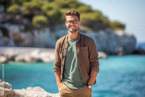 Group portrait photography of a glad boy in his 30s wearing comfortable jeans against a scenic lagoon background. With generative AI technology