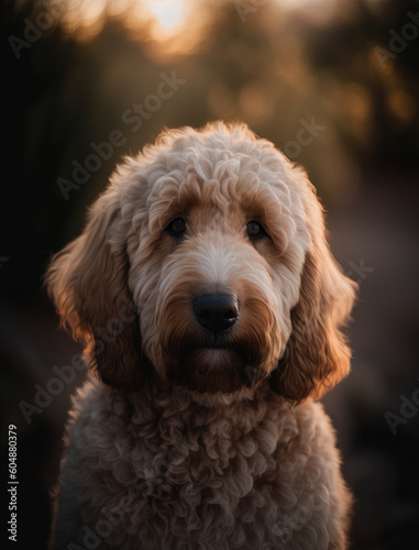 close up portrait of a cute goldendoodle outdoor on the nature. AI generative