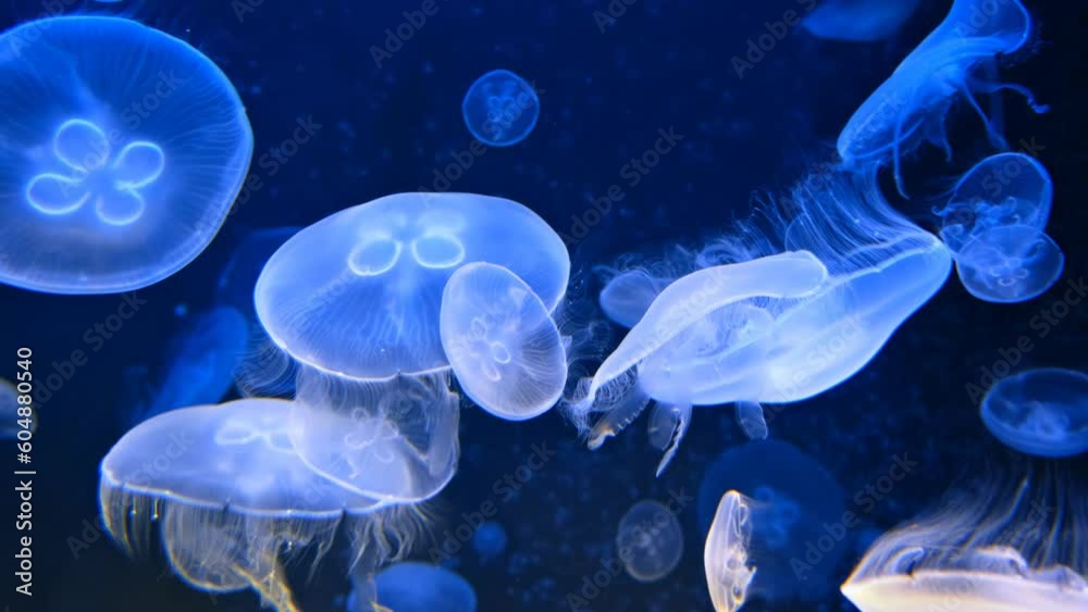 Relaxing underwater video of floating luminescent sea jellyfish or medusa in fluorescent light Relaxing underwater video of floating luminescent sea jellyfish or medusa in fluorescent light