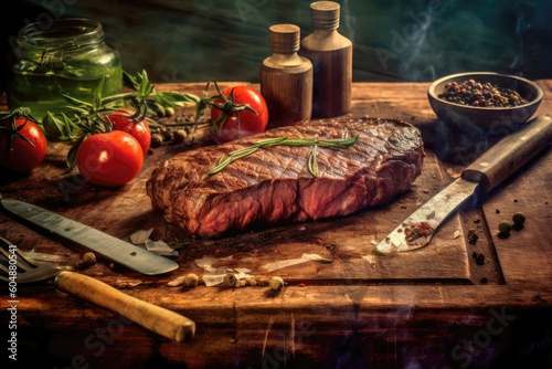 A Symphony of Flavors: Freshly Cooked Rare Steak Plated on a Wooden Board, Paired with Spices and Vegetables for an Unforgettable Gourmet Experience. Generative AI