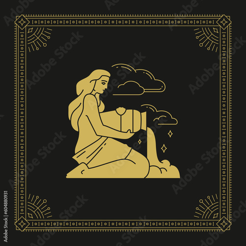 Aquarius zodiac woman goddess with water jug celestial line art deco vintage card design vector