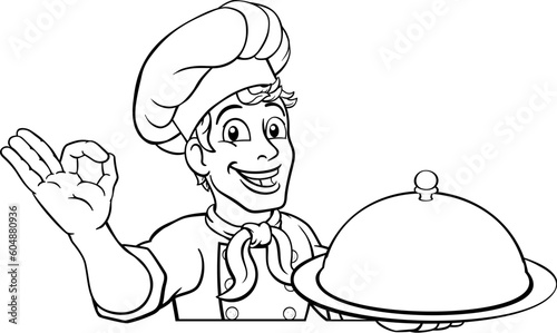 A chef cook or baker man cartoon character giving a perfect or okay chefs hand sign. Peeking over a background sign and holding a domed cloche food tray.
