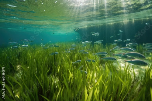 tropical seagrass meadow, with schools of fish swimming among the plants, created with generative ai photo