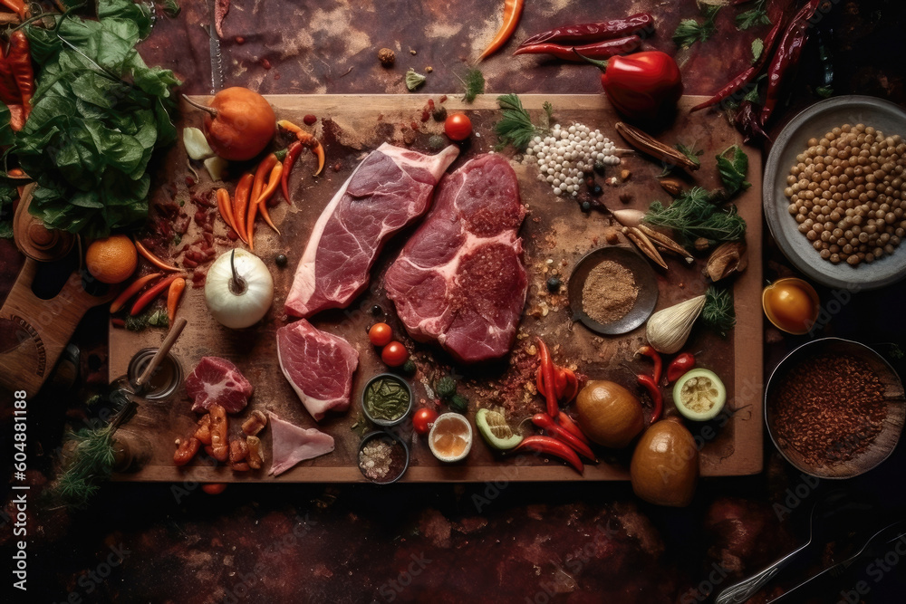 Ready for the Grill: Fresh Raw Cuts of Meat, Steaks and Chops, Neatly Arranged on a Wooden Board Amidst a Scattering of Spices, Vegetables, and Herbs. Generative AI