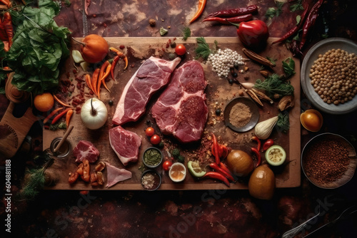Ready for the Grill: Fresh Raw Cuts of Meat, Steaks and Chops, Neatly Arranged on a Wooden Board Amidst a Scattering of Spices, Vegetables, and Herbs. Generative AI