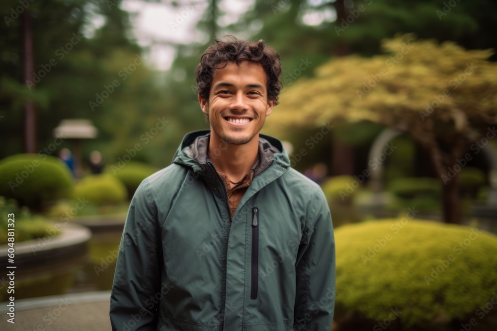 Medium shot portrait photography of a grinning boy in his 30s wearing a lightweight windbreaker against a tranquil japanese garden background. With generative AI technology Medium shot portrait photography of a grinning boy in his 30s wearing a lightweight windbreaker against a tranquil japanese garden background. With generative AI technology