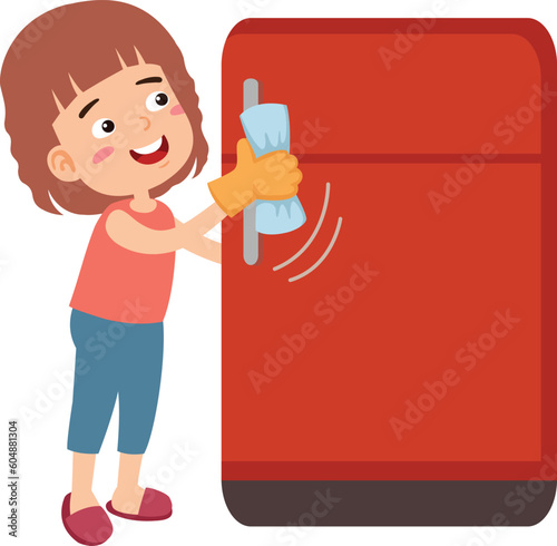 Young girl cleaning a refrigerator