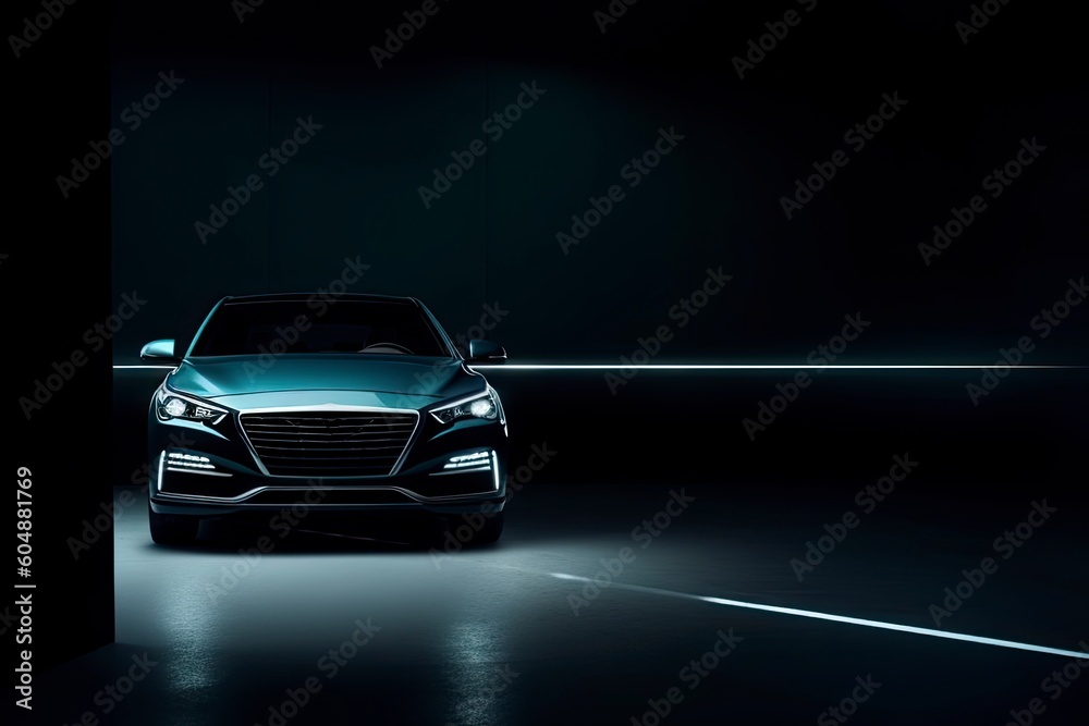 Black car with lighted lights on black background. Generative ai Black car with lighted lights on black background. Generative ai
