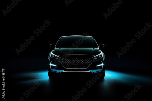 Black car with lighted lights on black background. Generative ai