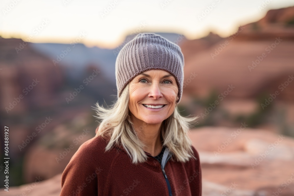 Conceptual portrait photography of a glad mature girl wearing a warm beanie or knit hat against a scenic canyon background. With generative AI technology