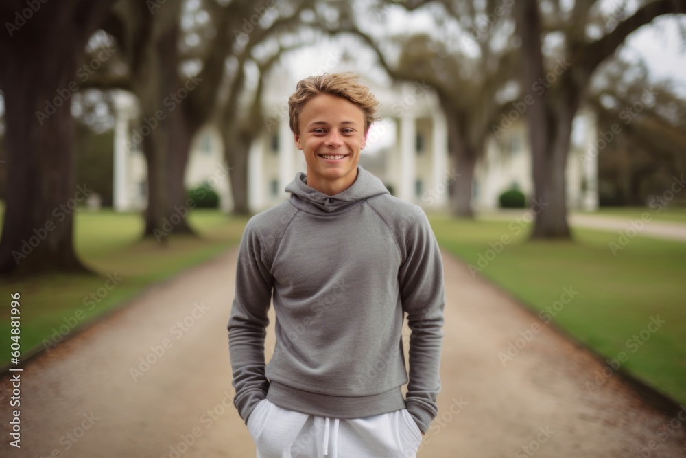 Environmental portrait photography of a grinning boy in his 30s wearing soft sweatpants against a historic plantation background. With generative AI technology Environmental portrait photography of a grinning boy in his 30s wearing soft sweatpants against a historic plantation background. With generative AI technology