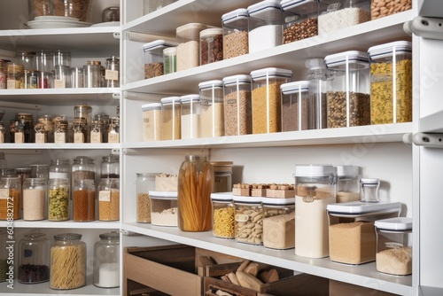 a well-organized pantry with labeled and dated food packages visible, created with generative ai photo