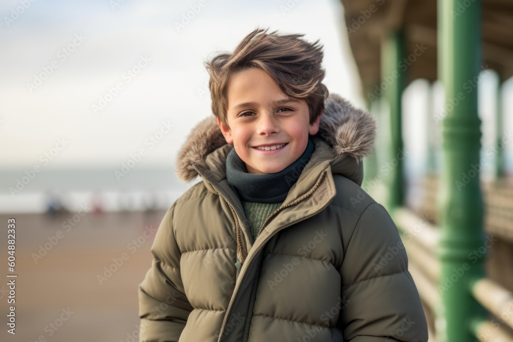 Medium shot portrait photography of a satisfied mature boy wearing a cozy winter coat against a picturesque beach boardwalk background. With generative AI technology Medium shot portrait photography of a satisfied mature boy wearing a cozy winter coat against a picturesque beach boardwalk background. With generative AI technology