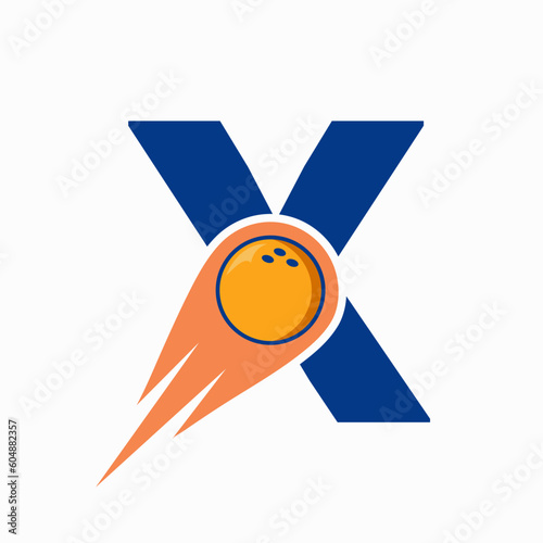 Letter X Bowling Logo. Bowling Ball Symbol With Red Moving Ball Icon