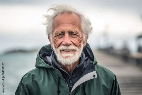 Headshot portrait photography of a satisfied old man wearing a lightweight windbreaker against a picturesque beach boardwalk background. With generative AI technology © Markus Schröder