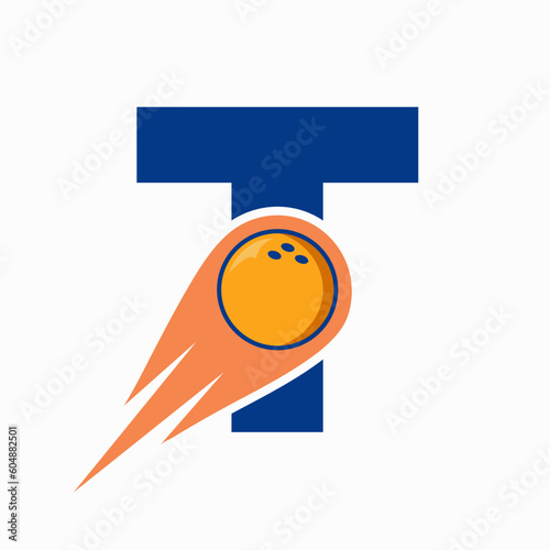 Letter T Bowling Logo. Bowling Ball Symbol With Red Moving Ball Icon