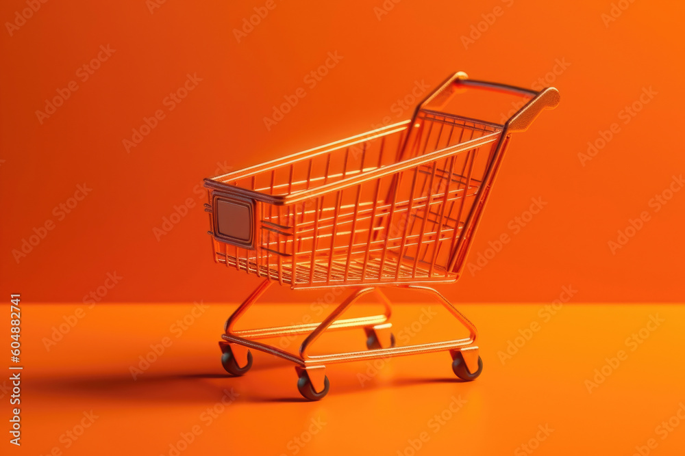 Digital Commerce Artistry: Geometric Illustration of a Shopping Cart Pattern on Vibrant Orange Background, Symbolizing E-commerce and Online Shopping. Generative AI