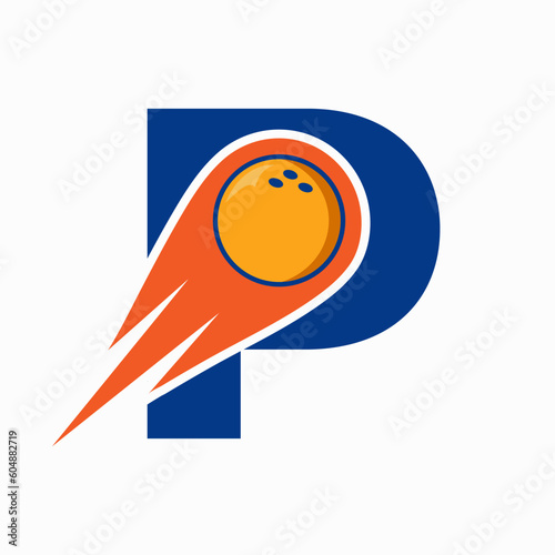Letter P Bowling Logo. Bowling Ball Symbol With Red Moving Ball Icon